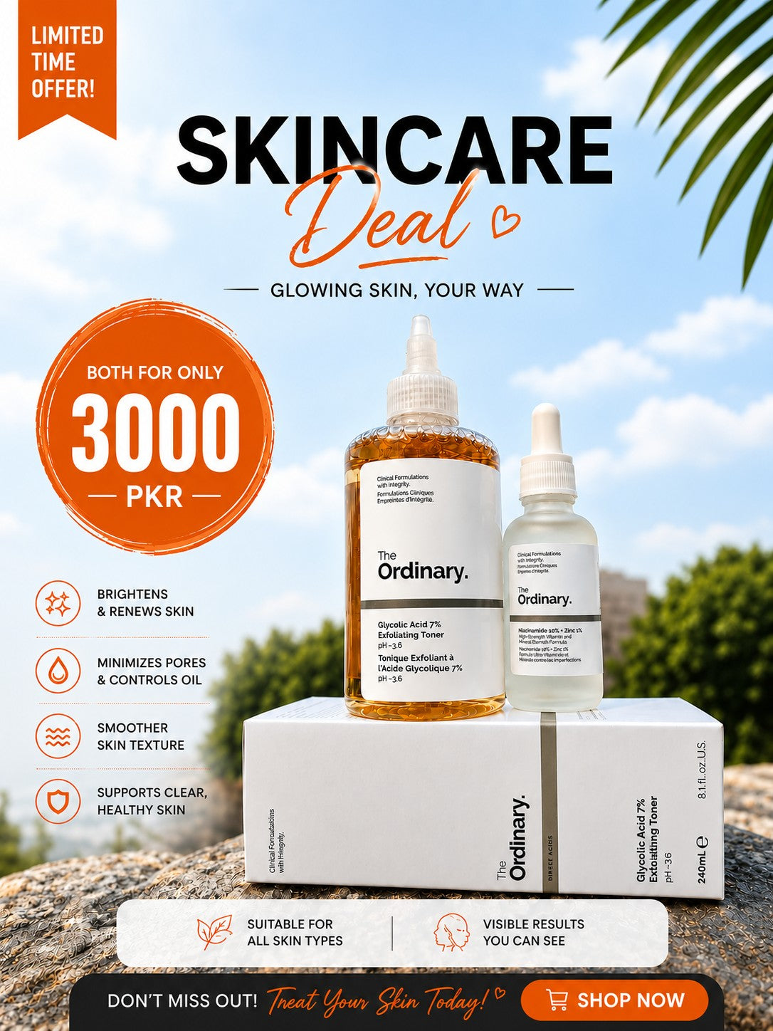 The Ordinary Glow & Smooth Skin Duo | Glycolic Acid 7% Toner + Niacinamide 10% + Zinc 1% Serum