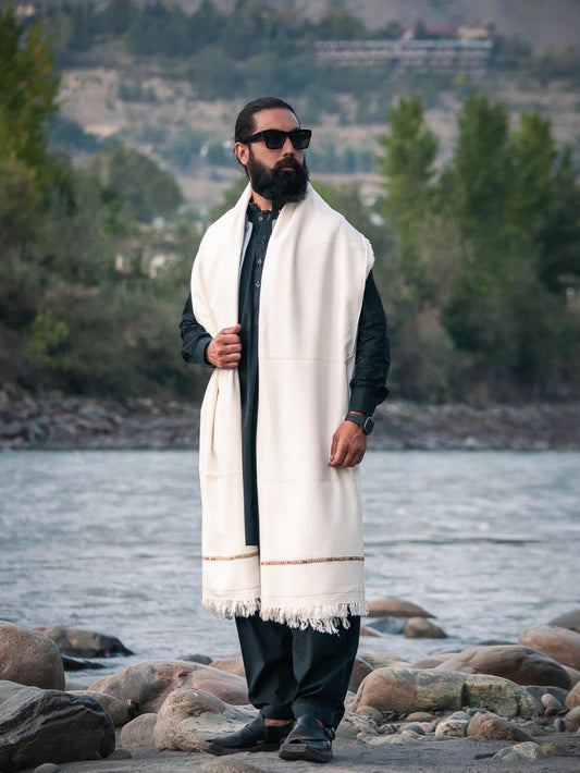 Swat Islampur Special White Shawl - Hand Made Woolen Shawl for Men