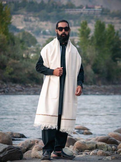 Swat Islampur Special White Shawl - Hand Made Woolen Shawl for Men